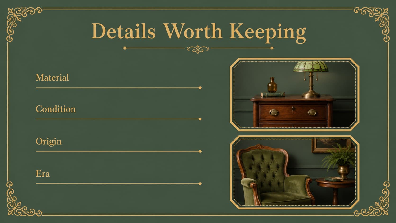 Green and gold antique catalog slide showing detailed material and provenance information.