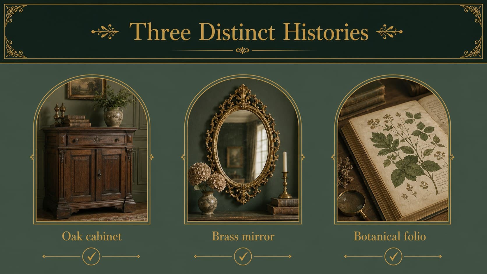 Vintage product showcase slide comparing three collectible objects in a refined layout.