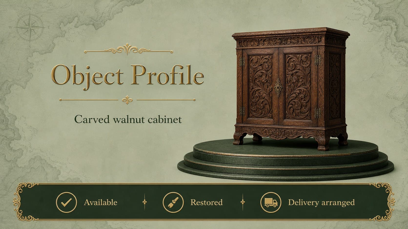 Antique furniture retail slide presenting a featured object with pricing and availability fields.