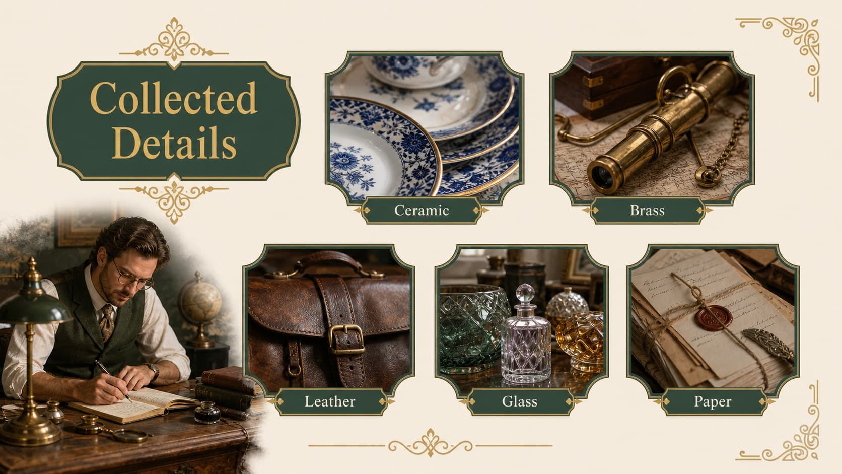 Curated vintage collection slide using an image grid to display decorative objects.