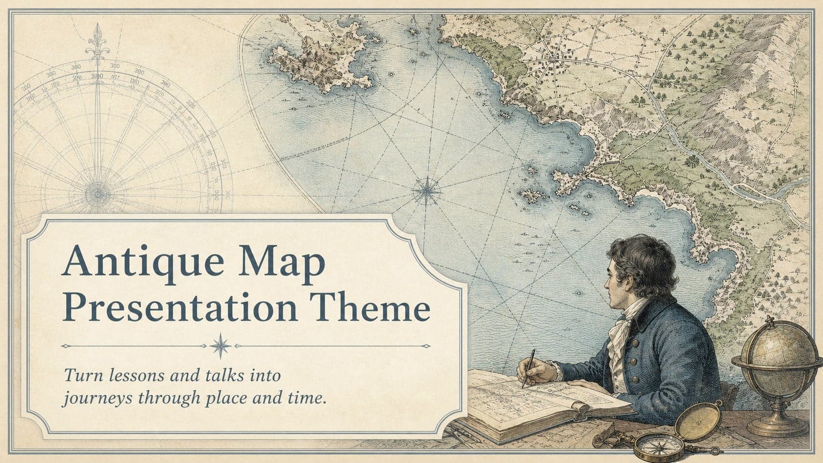 Cover of the Antique Map Presentation Theme with blue archival cartography and refined serif typography.