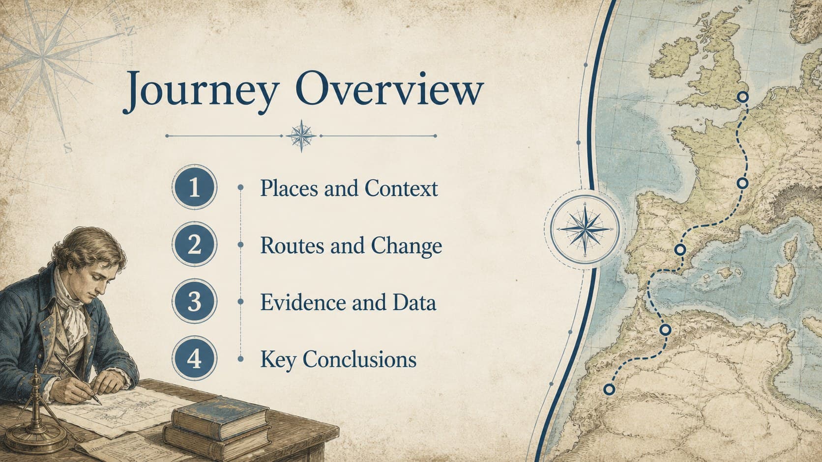 Agenda layout from an antique map presentation theme with four geography and history discussion points.