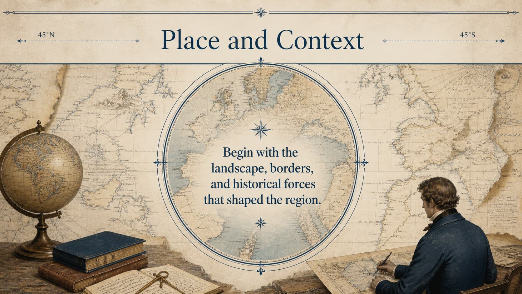 Historical geography section opener featuring a blue world map and an introduction to place and context.