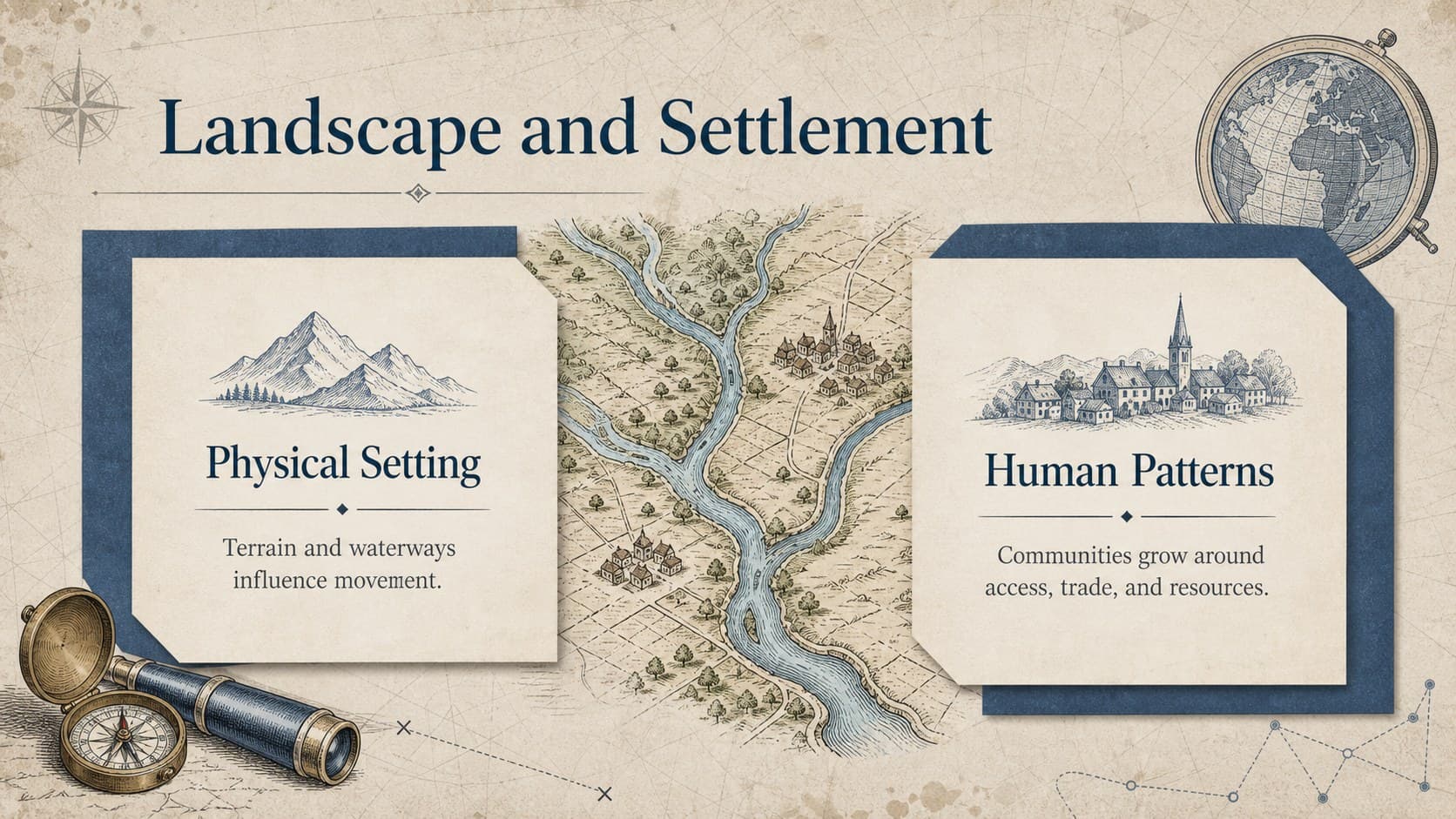 Two-column historical geography presentation layout comparing physical landscape and human settlement.