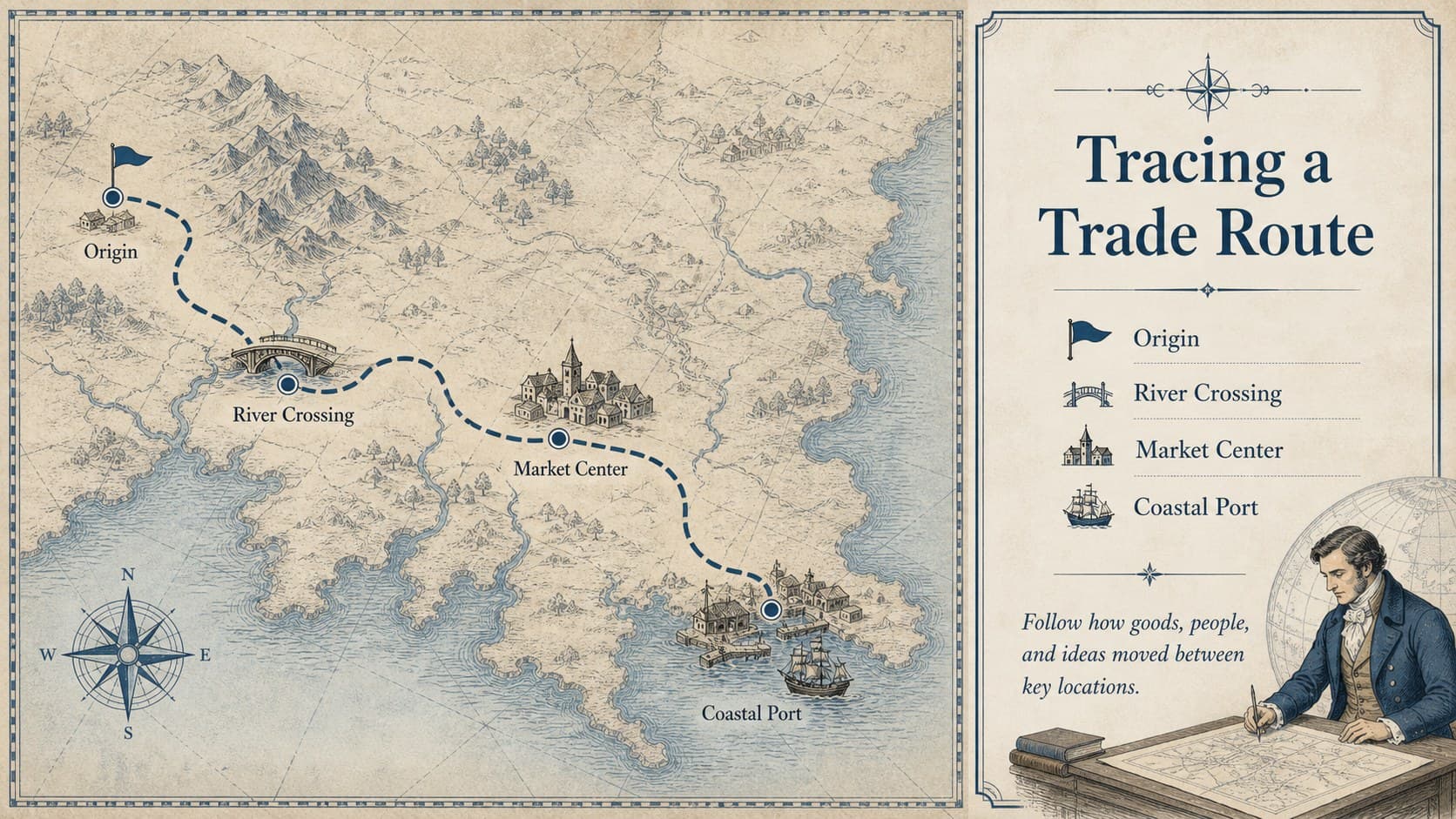 Editable vintage map slide deck layout tracing a trade route between four labeled locations.