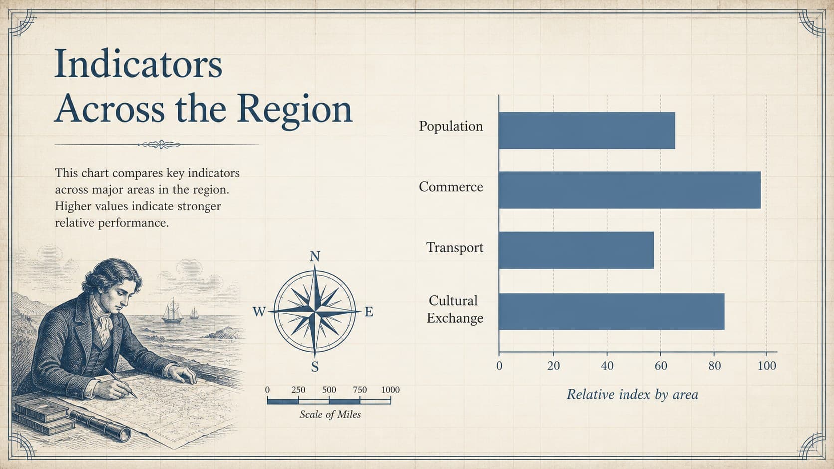 Antique map presentation chart comparing population, commerce, transport, and cultural exchange.
