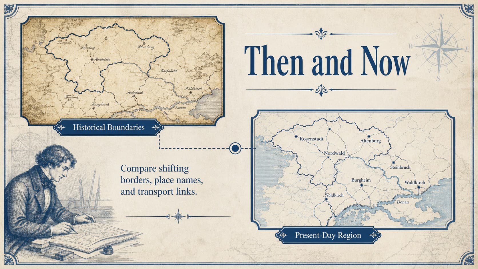 Classroom geography lesson slide comparing an archival map with a modern regional map.