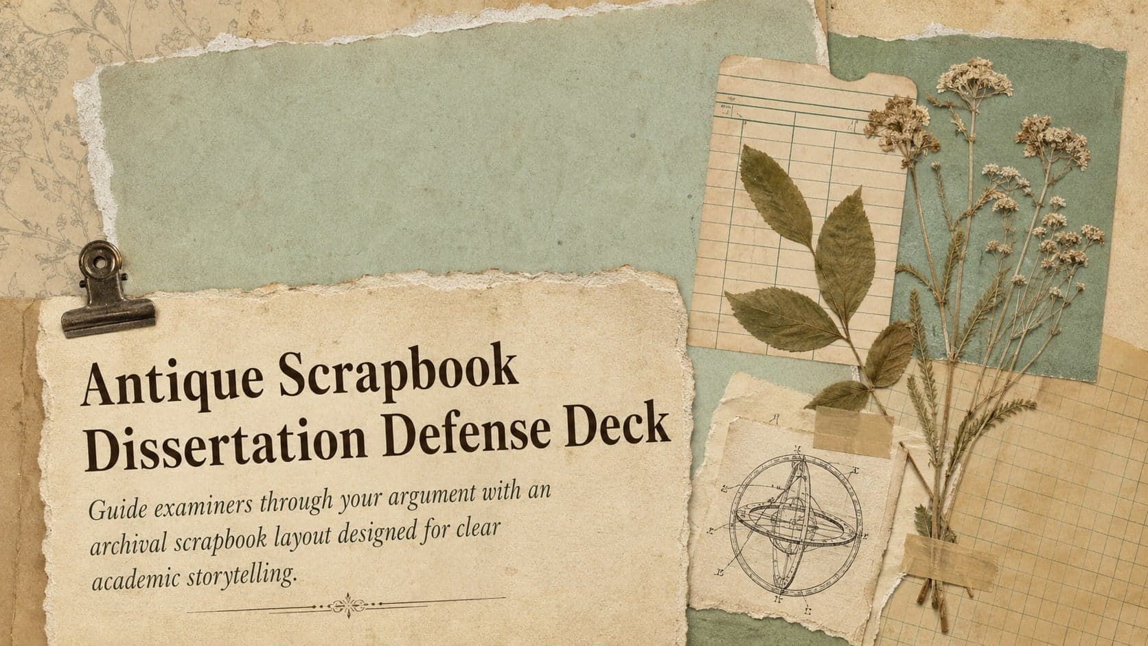 Cover of an antique scrapbook dissertation defense deck with layered archival paper and pastel green academic accents.