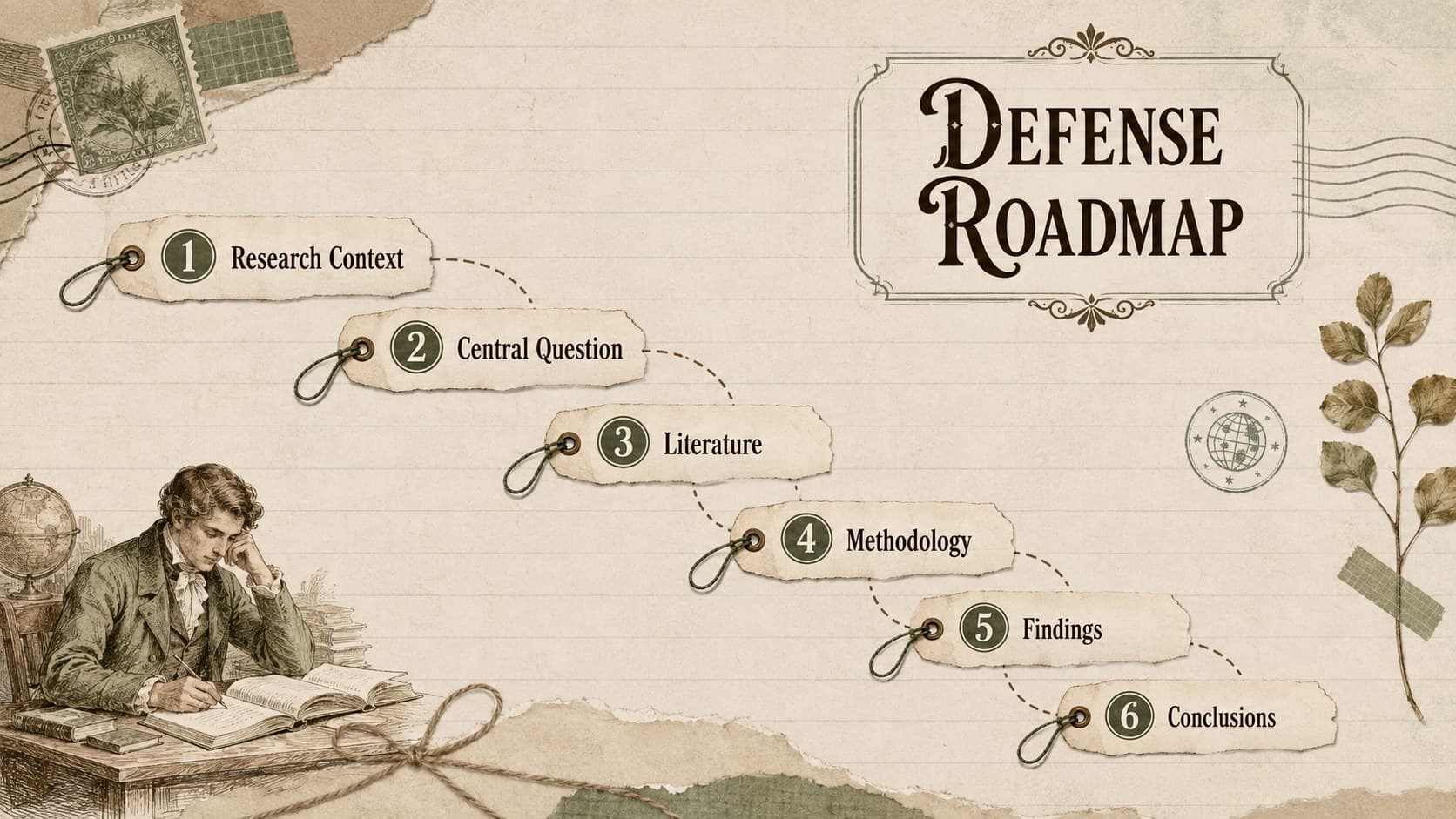Academic defense roadmap listing the main sections of a scrapbook dissertation presentation.