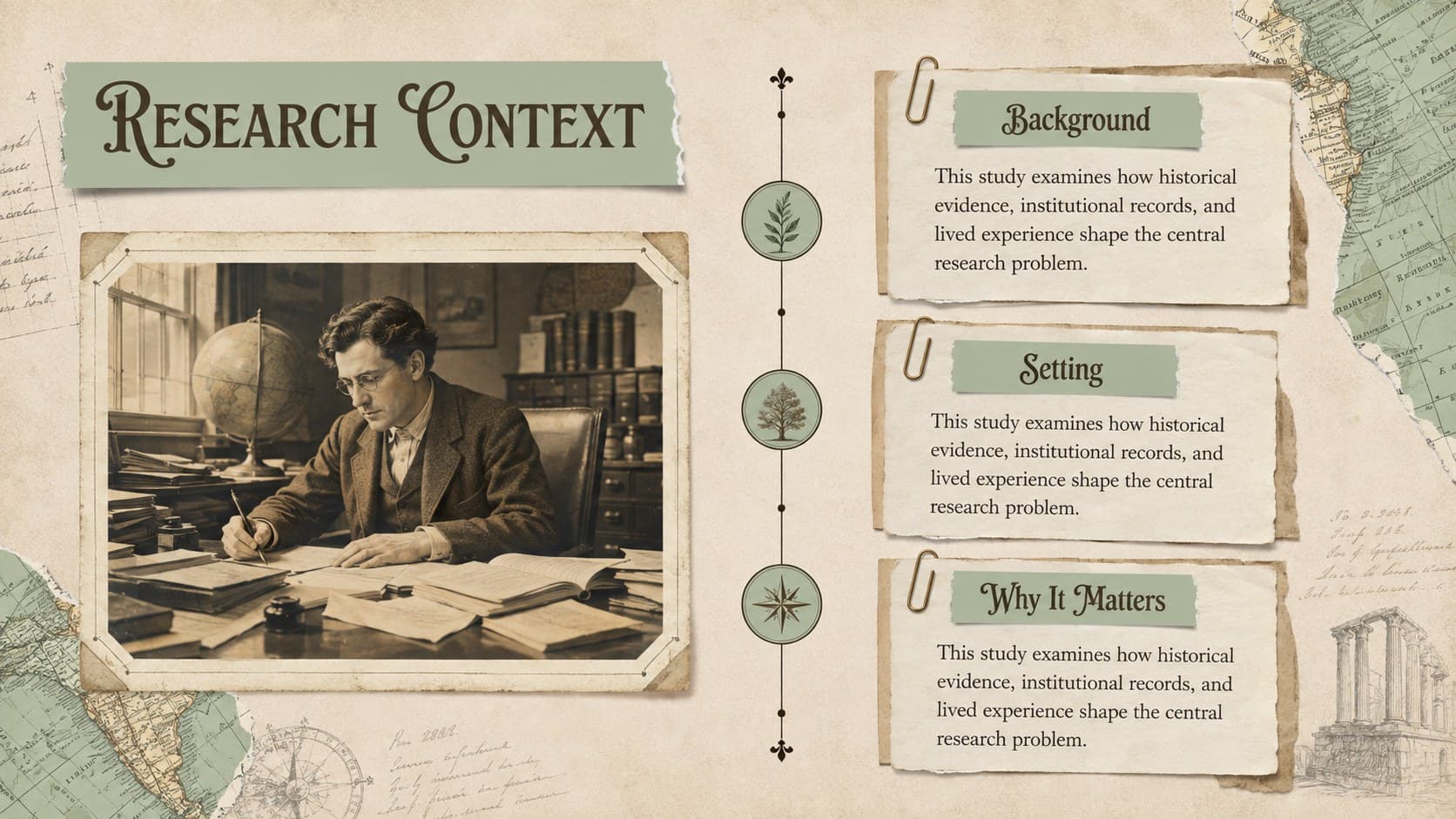 Vintage research context layout with an archival image area and concise background notes.