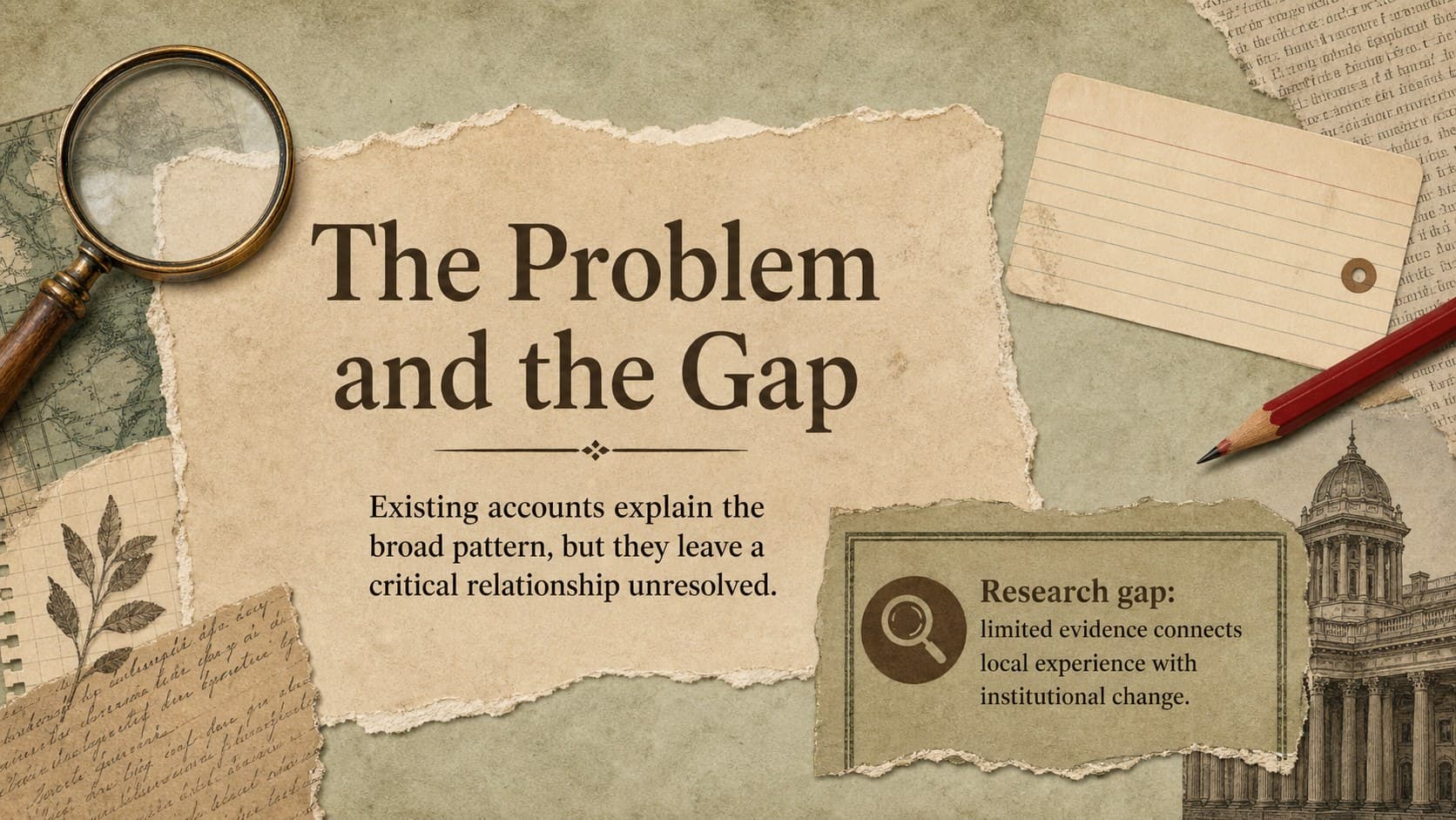 Brown collage dissertation slide presenting the research problem and identified evidence gap.