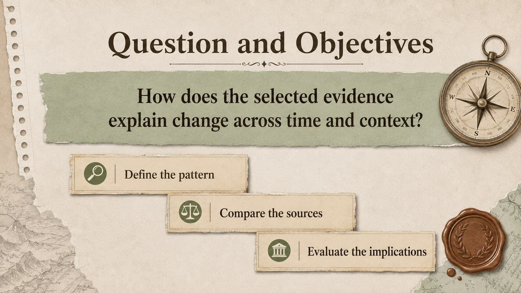 Oral defense presentation layout showing one central research question and three study objectives.