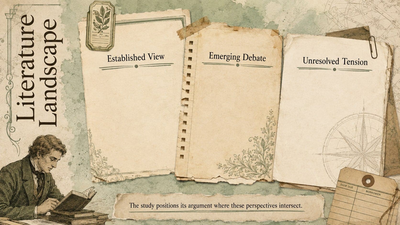 Academic literature review slide organizing three schools of thought in a vintage paper collage.