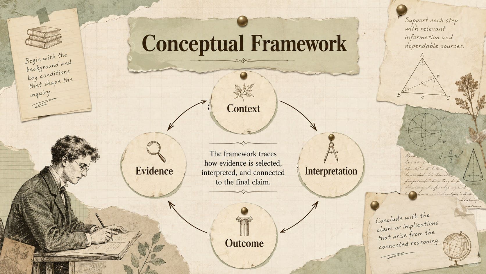 Pastel green dissertation framework diagram connecting context, evidence, interpretation, and outcome.
