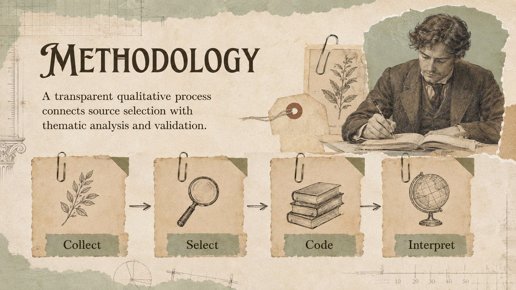 Pastel green research methodology slide with four sequential stages and archival collage details.