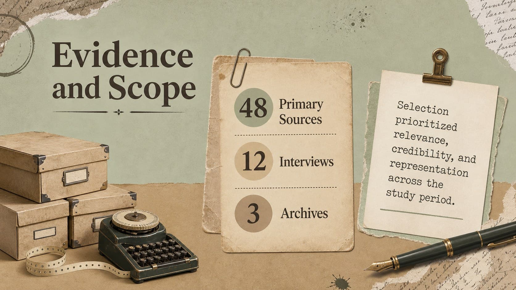 Dissertation evidence slide summarizing sources, study scope, and selection criteria.