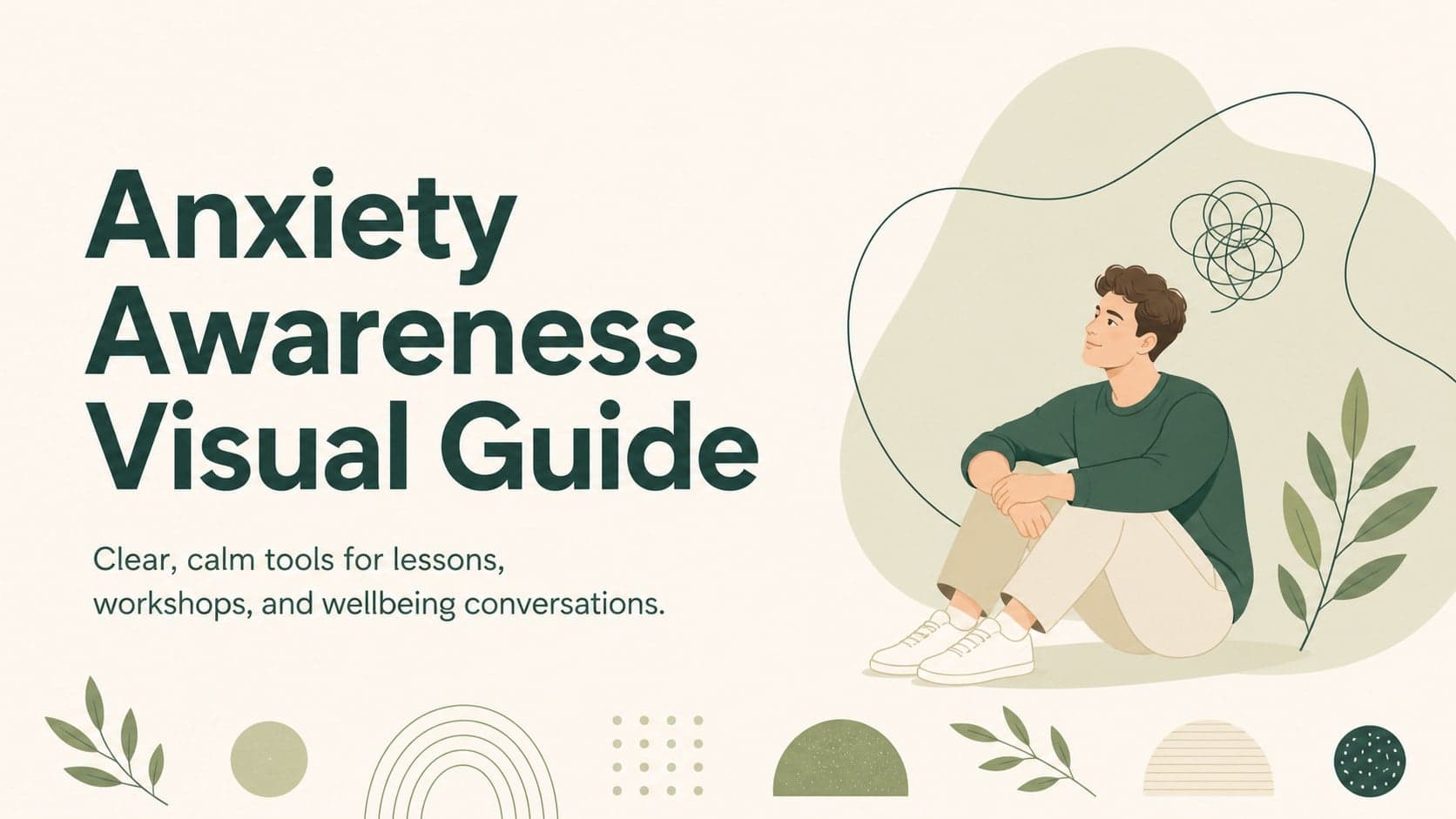 Cover slide for an anxiety awareness visual guide with calm beige and green illustrated graphics.