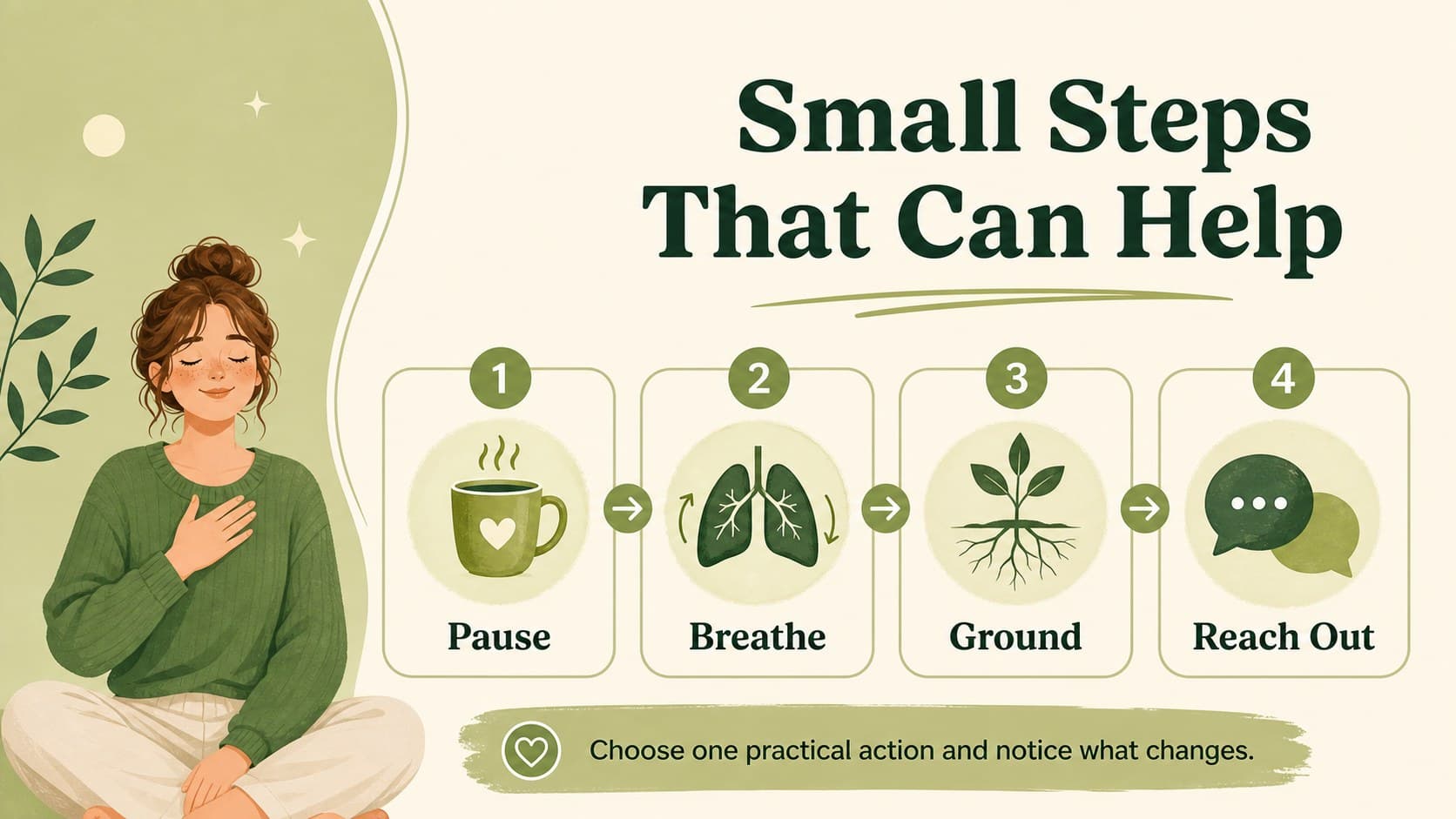 Mental health workshop slide showing practical calming strategies in a beige and green visual system.