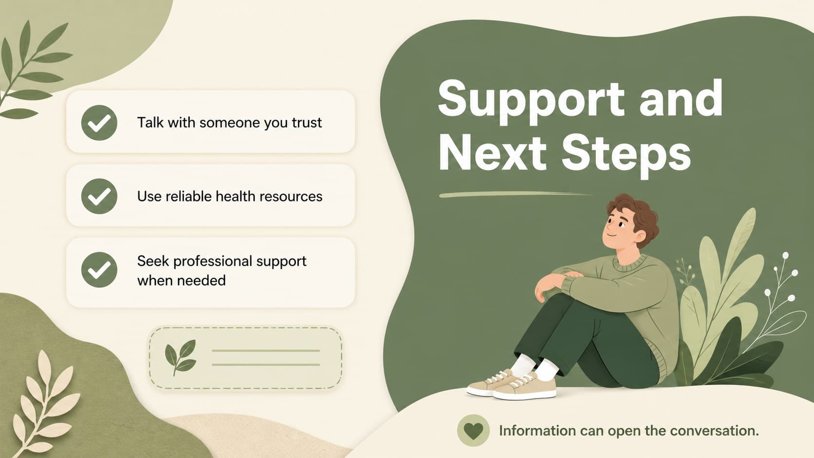 Anxiety support resources slide with a calm checklist, source area, and illustrated closing message.