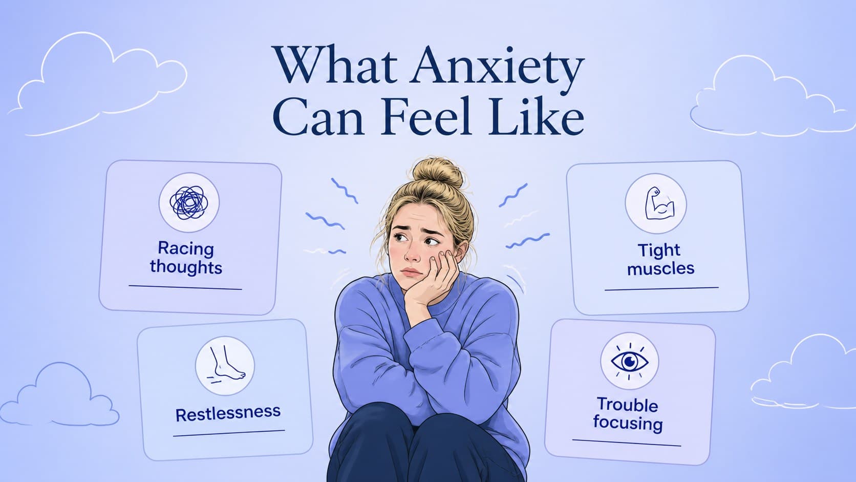 Anxiety education slide introducing common signs and sensations with illustrated blue wellness graphics.