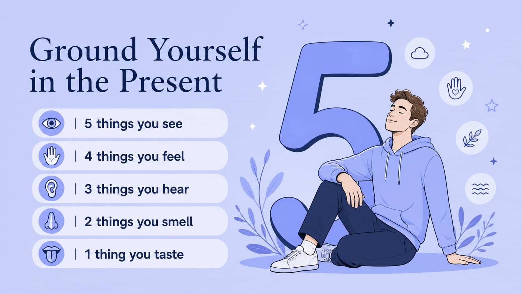 Grounding techniques presentation slide showing a simple five-senses calming exercise.