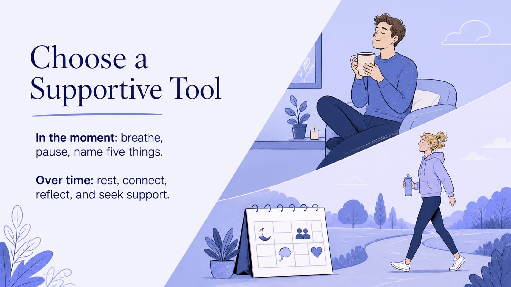 Coping strategies lesson slide comparing quick calming tools with longer-term support habits.