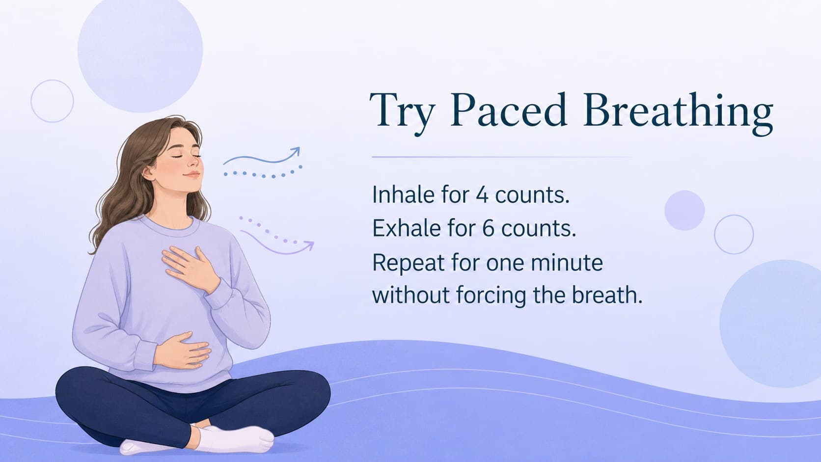 Mental wellness presentation slide explaining paced breathing with an illustrated breathing rhythm.