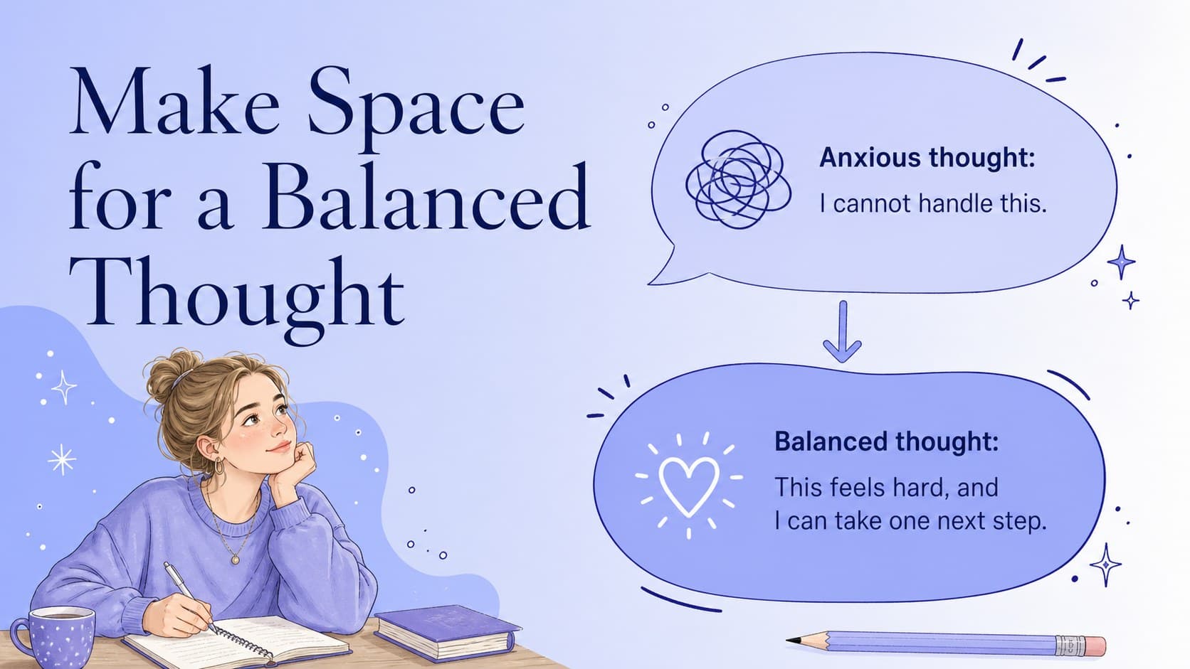 Anxiety education slide showing how to reframe an anxious thought into a balanced statement.