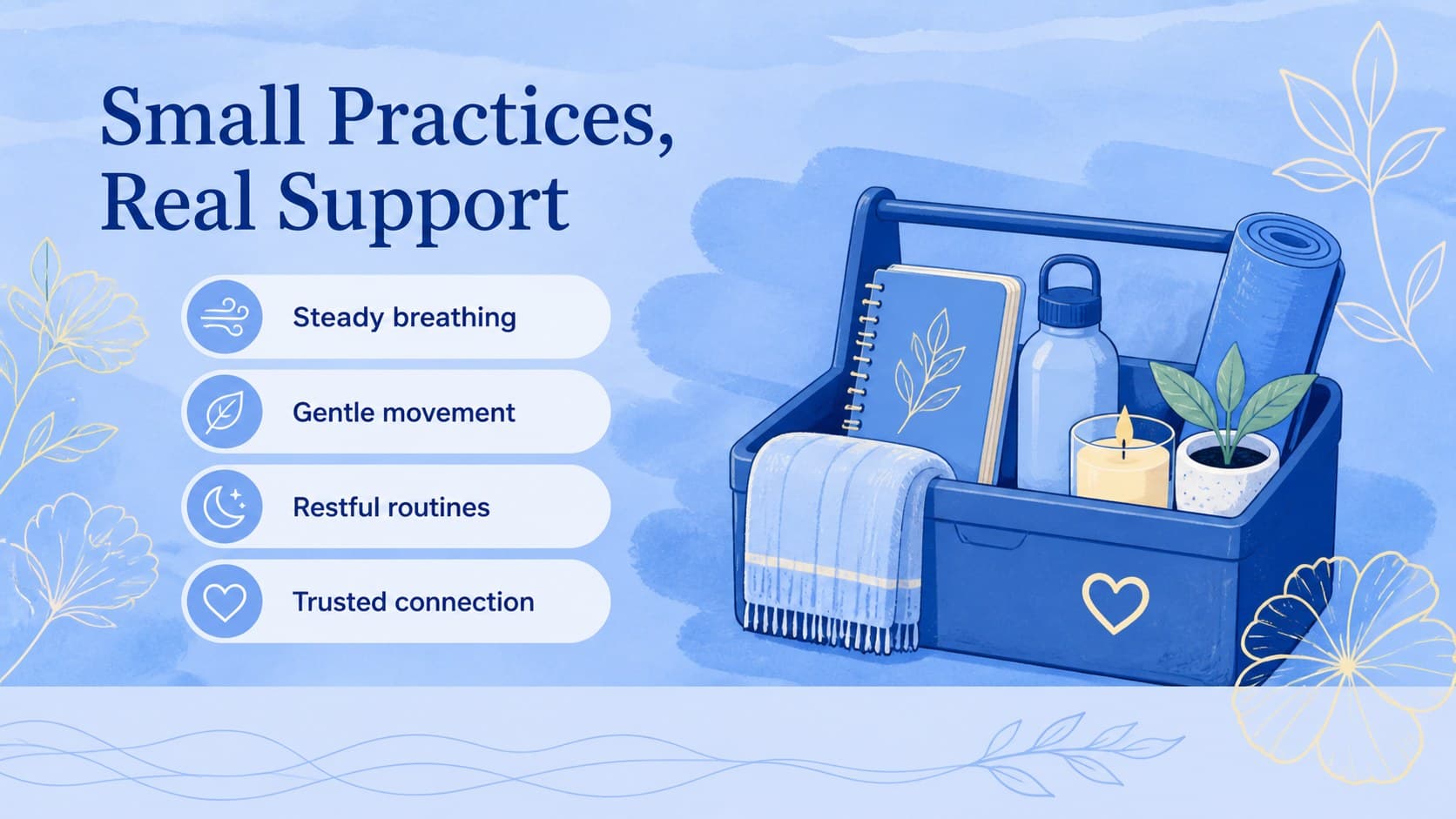 Therapy presentation slide featuring a blue self-care toolkit with icons for everyday anxiety support.