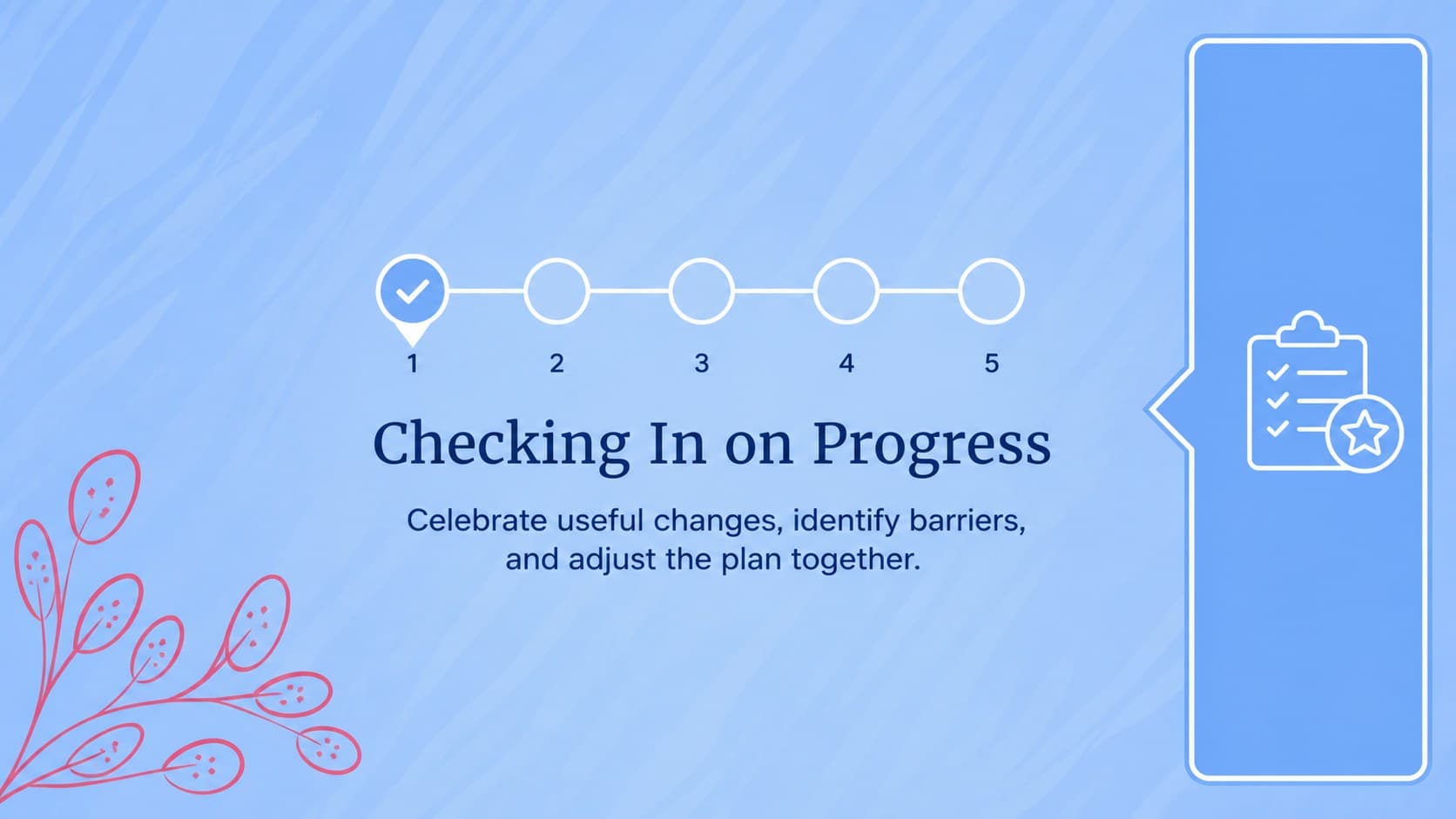 Psychology clinic presentation slide with a blue progress tracker for treatment goals and check-in points.