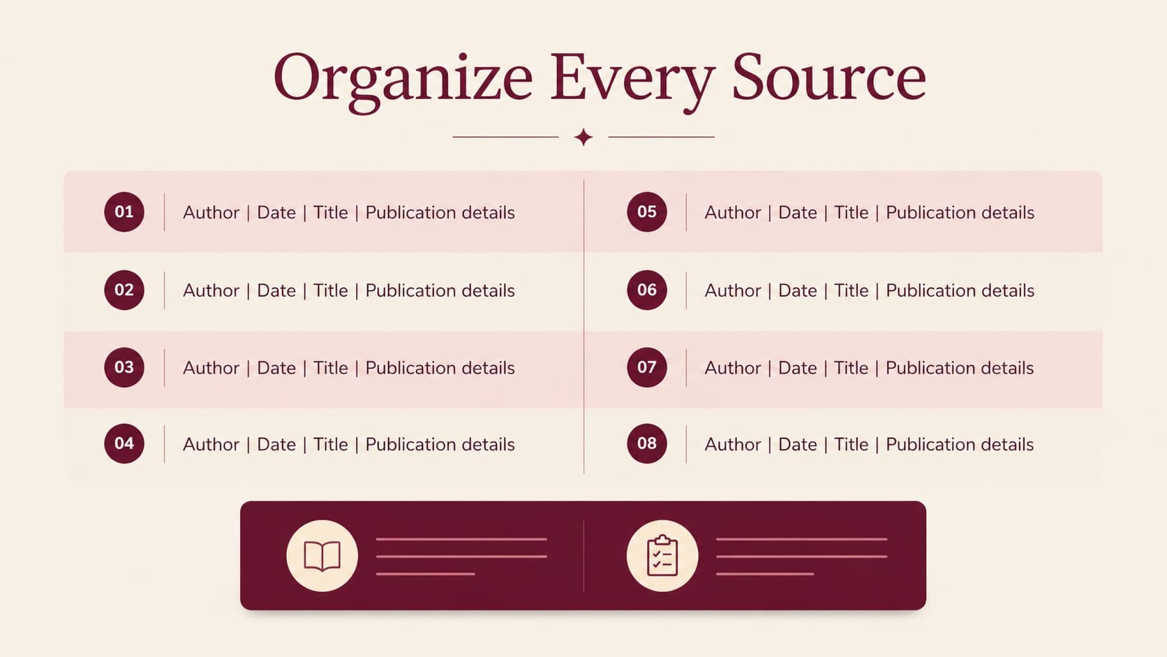 APA source list preview showing organized citation fields and editable reference entries with red accents.