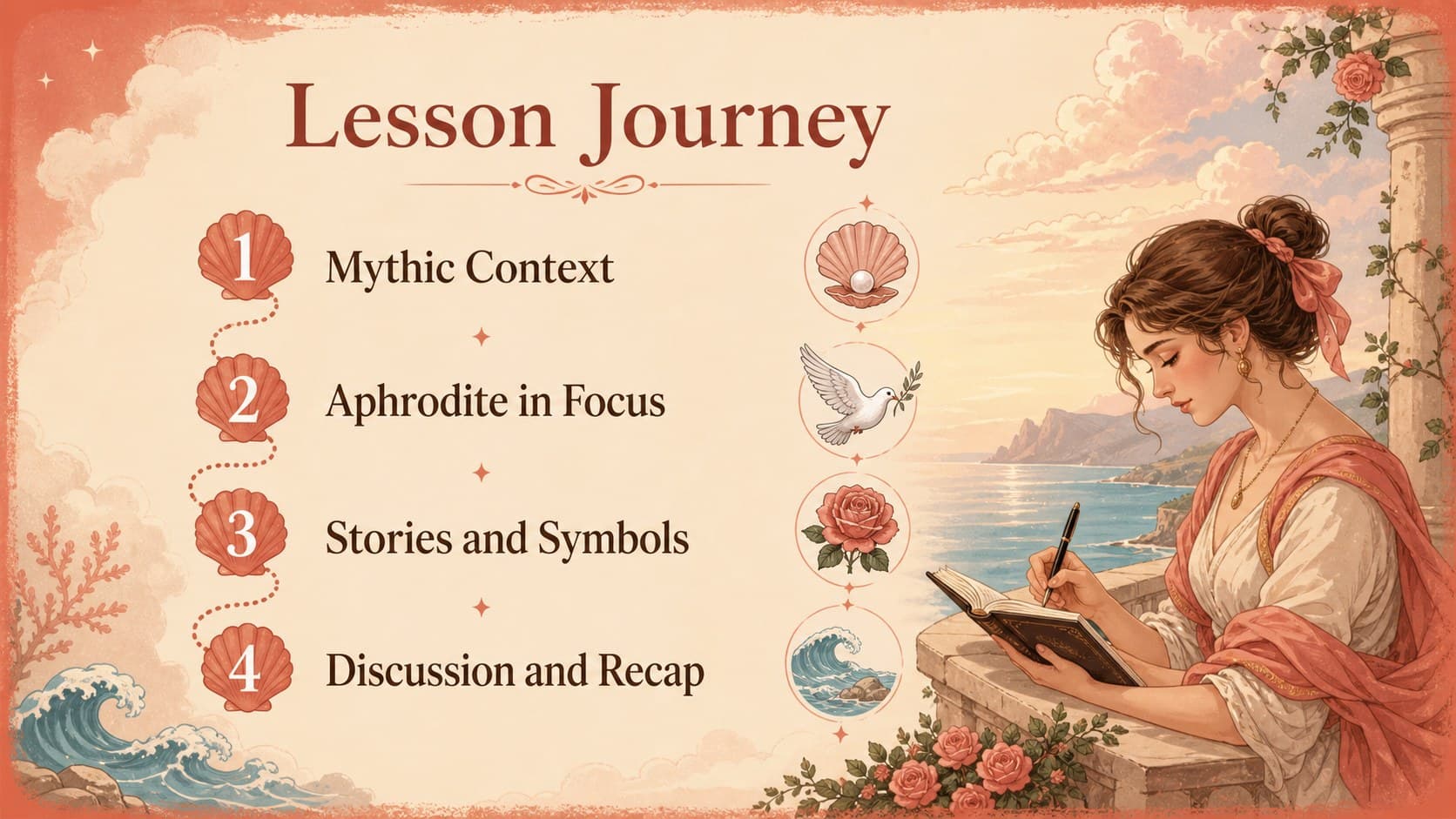 Illustrated agenda slide outlining a Greek mythology classroom storyboard lesson.