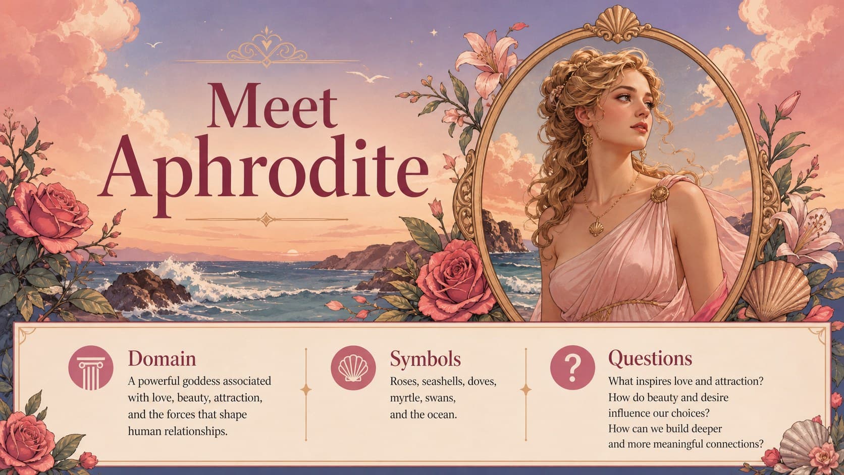 Aphrodite character profile slide for an ancient Greek goddess lesson.