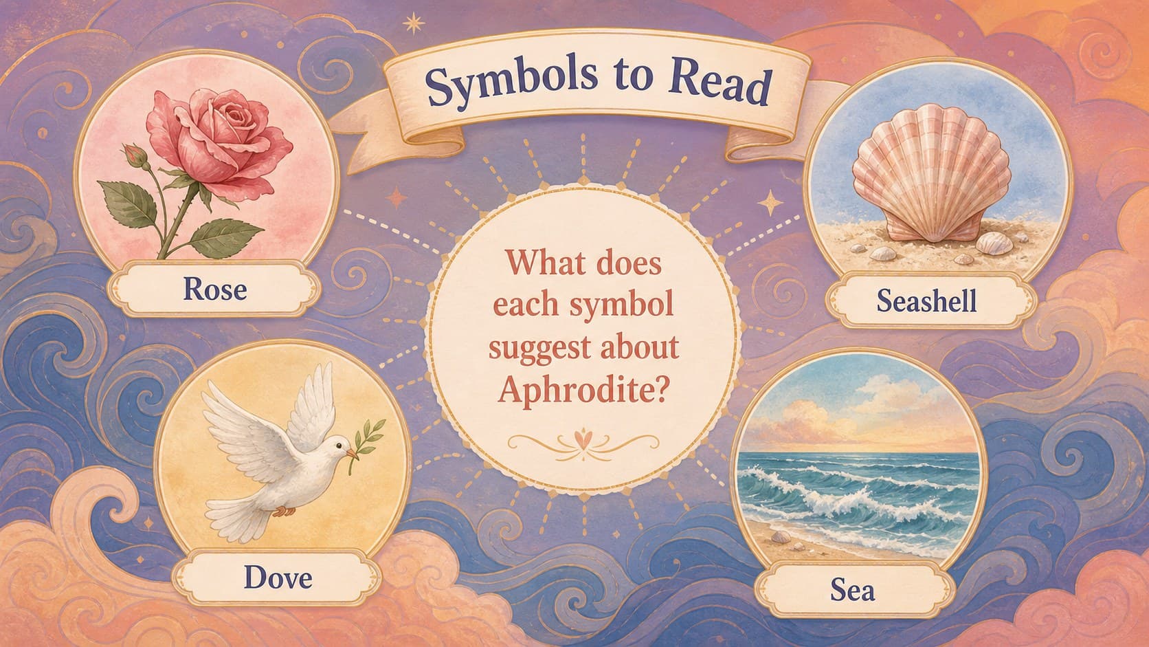 Aphrodite symbols slide showing roses, shells, doves, and sea imagery.