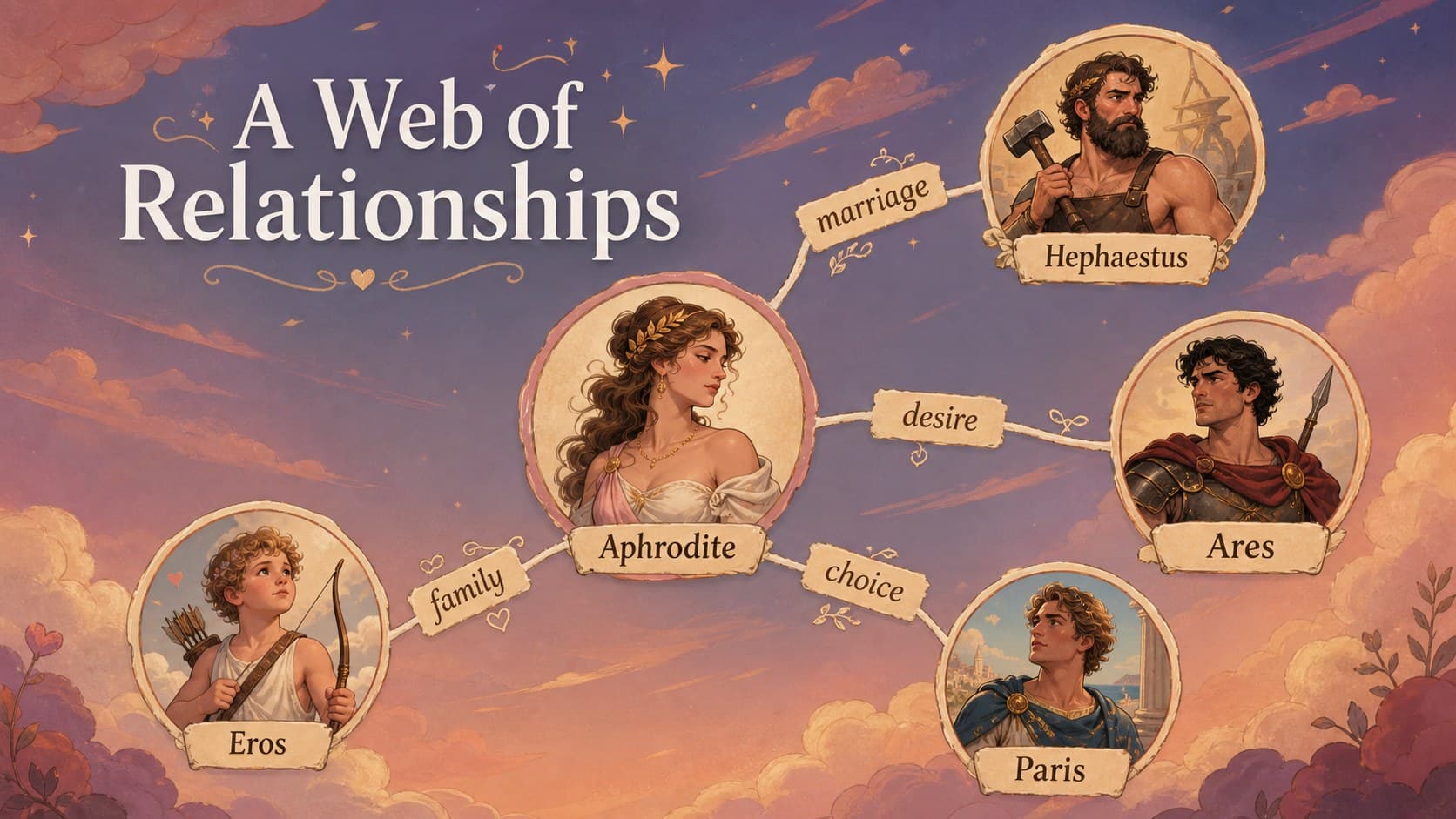 Mythology relationship map connecting Aphrodite with major Greek figures.