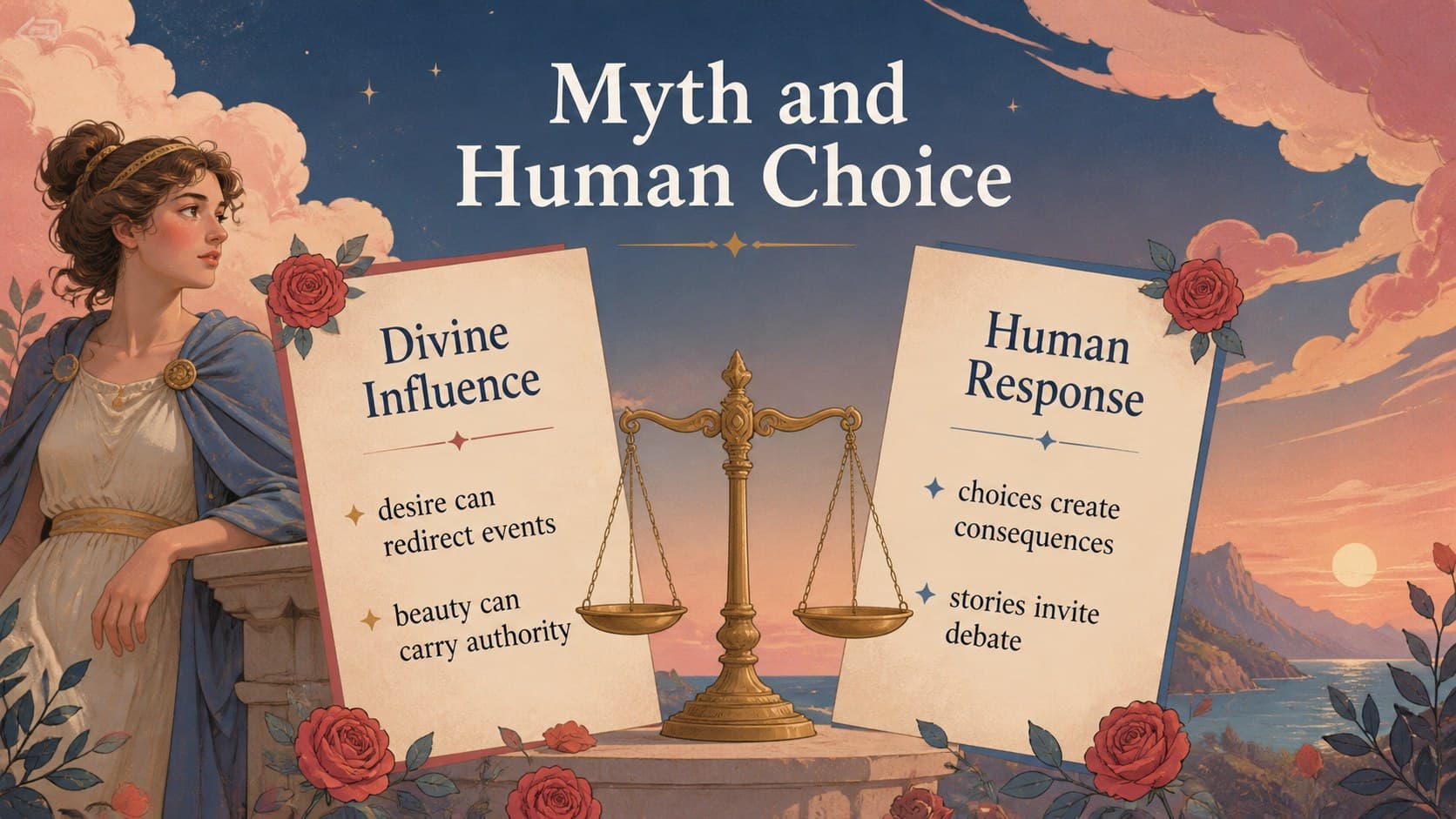 Aphrodite myth comparison slide contrasting divine power and human choice.