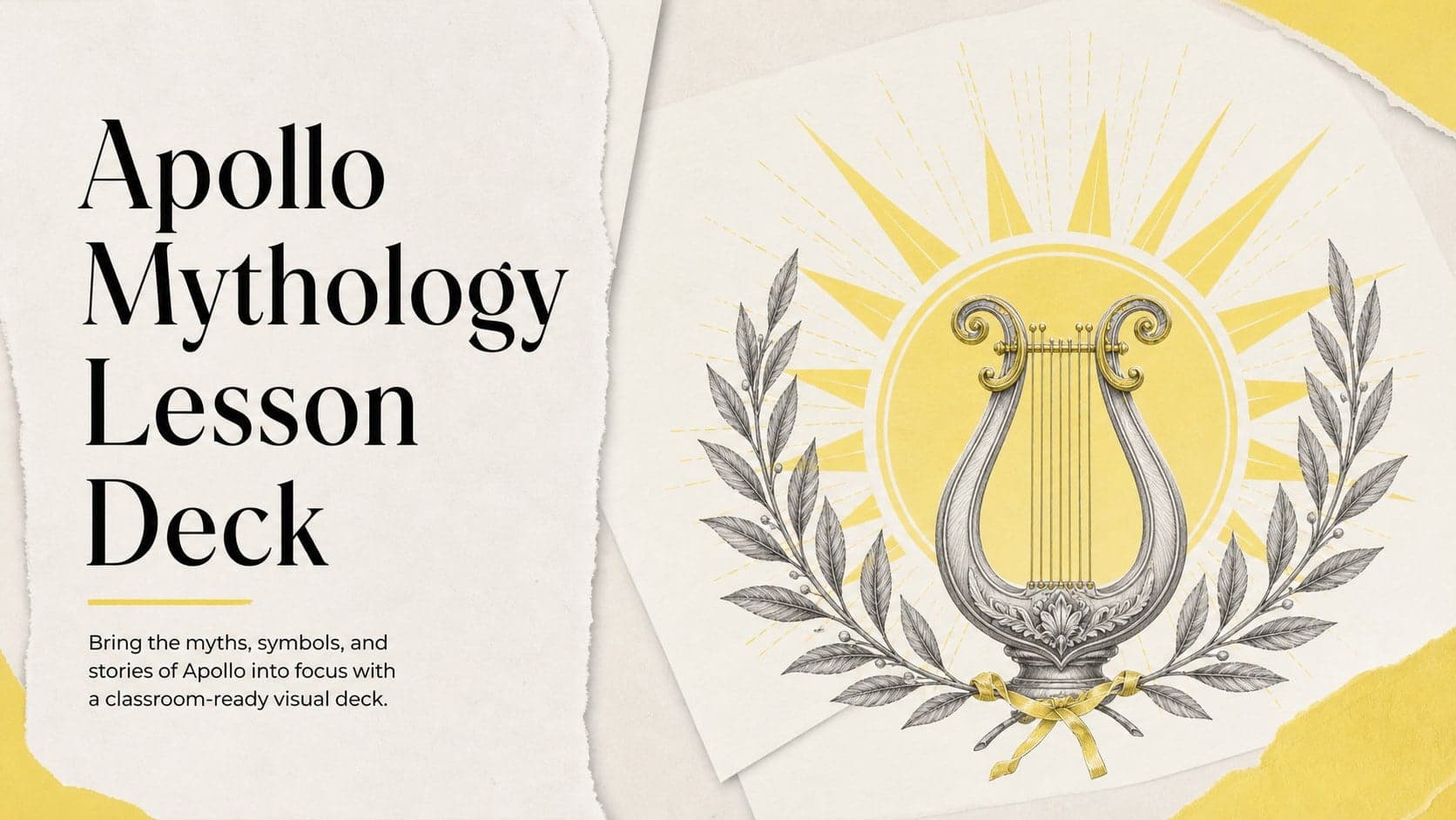 Cover slide for an Apollo mythology lesson deck with a yellow illustrated classical scene and bold title.