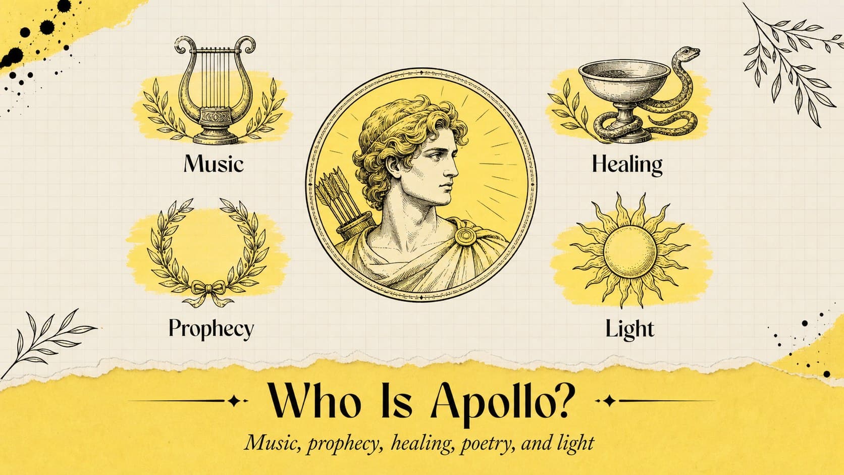 Apollo mythology lesson deck introduction slide showing the god's main attributes in a warm yellow illustrated layout.