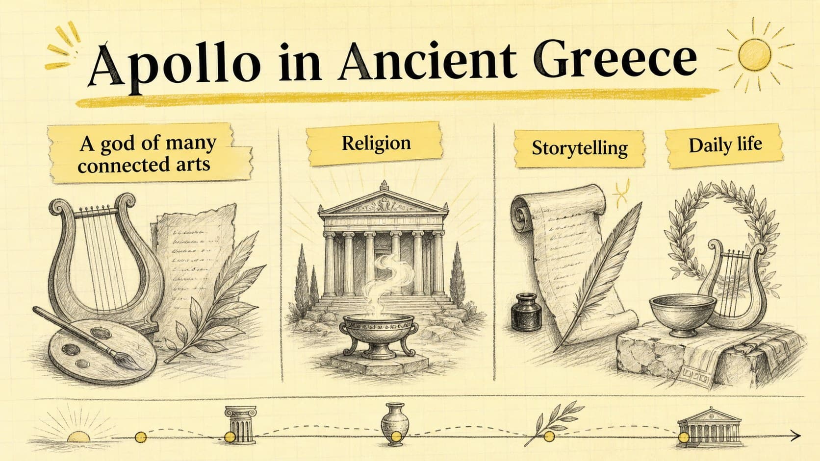 Illustrated classroom slide explaining Apollo's role in ancient Greek mythology.
