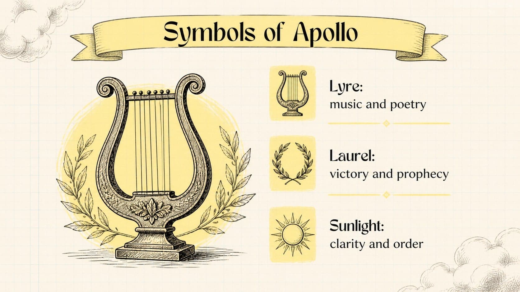 Apollo symbols and stories presentation slide with hand-drawn icons and concise explanatory text.