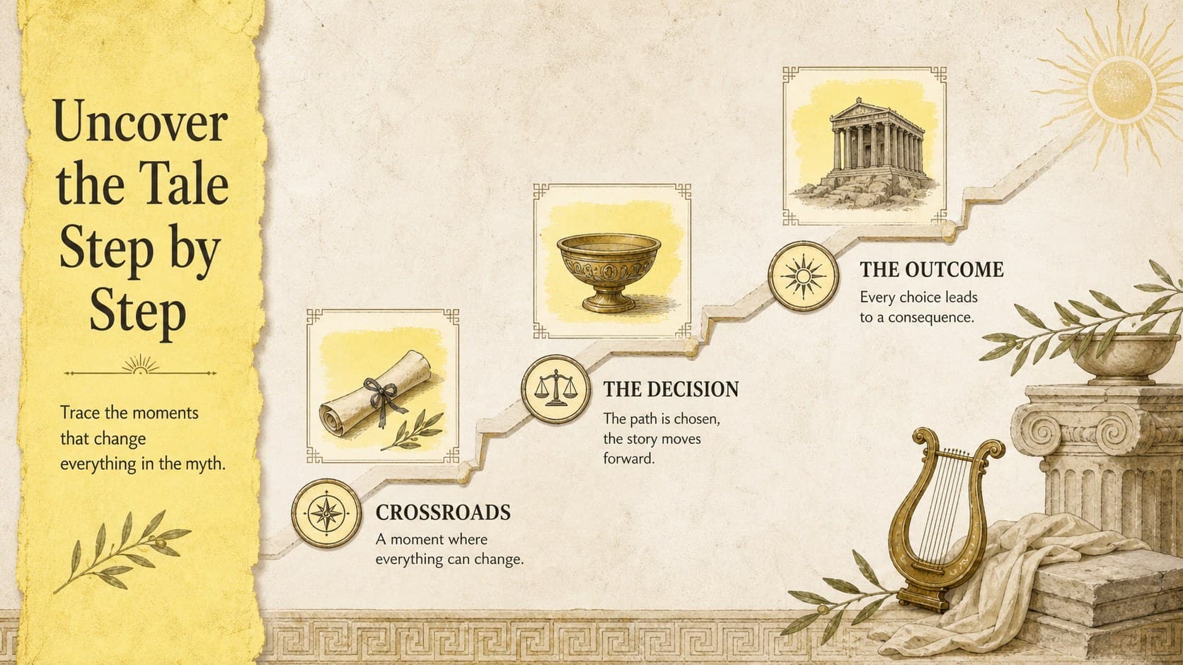 Apollo myth summary slide presenting a visual sequence of events in a yellow illustrated style.