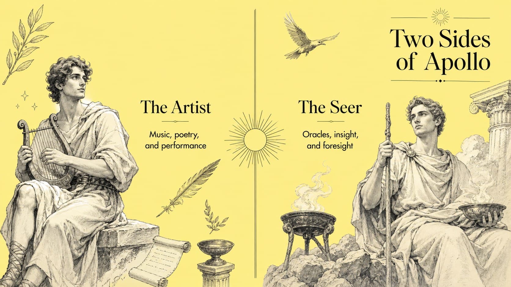 Greek mythology classroom presentation slide comparing Apollo's artistic and prophetic roles.