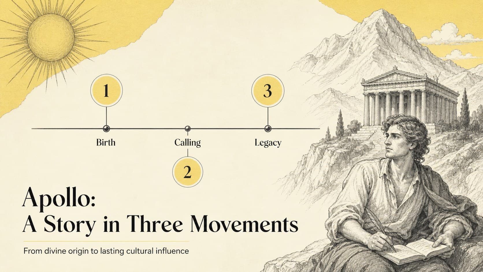 Apollo mythology lesson deck timeline tracing key moments from birth to cultural influence.