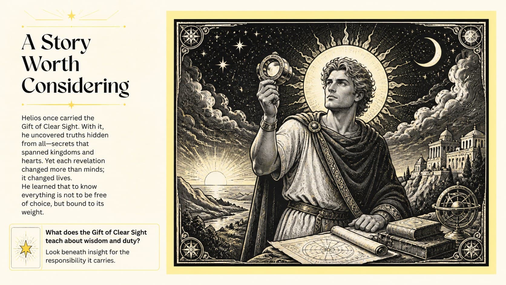 Apollo myths editable PowerPoint slide featuring a large illustrated scene and a short narrative caption.