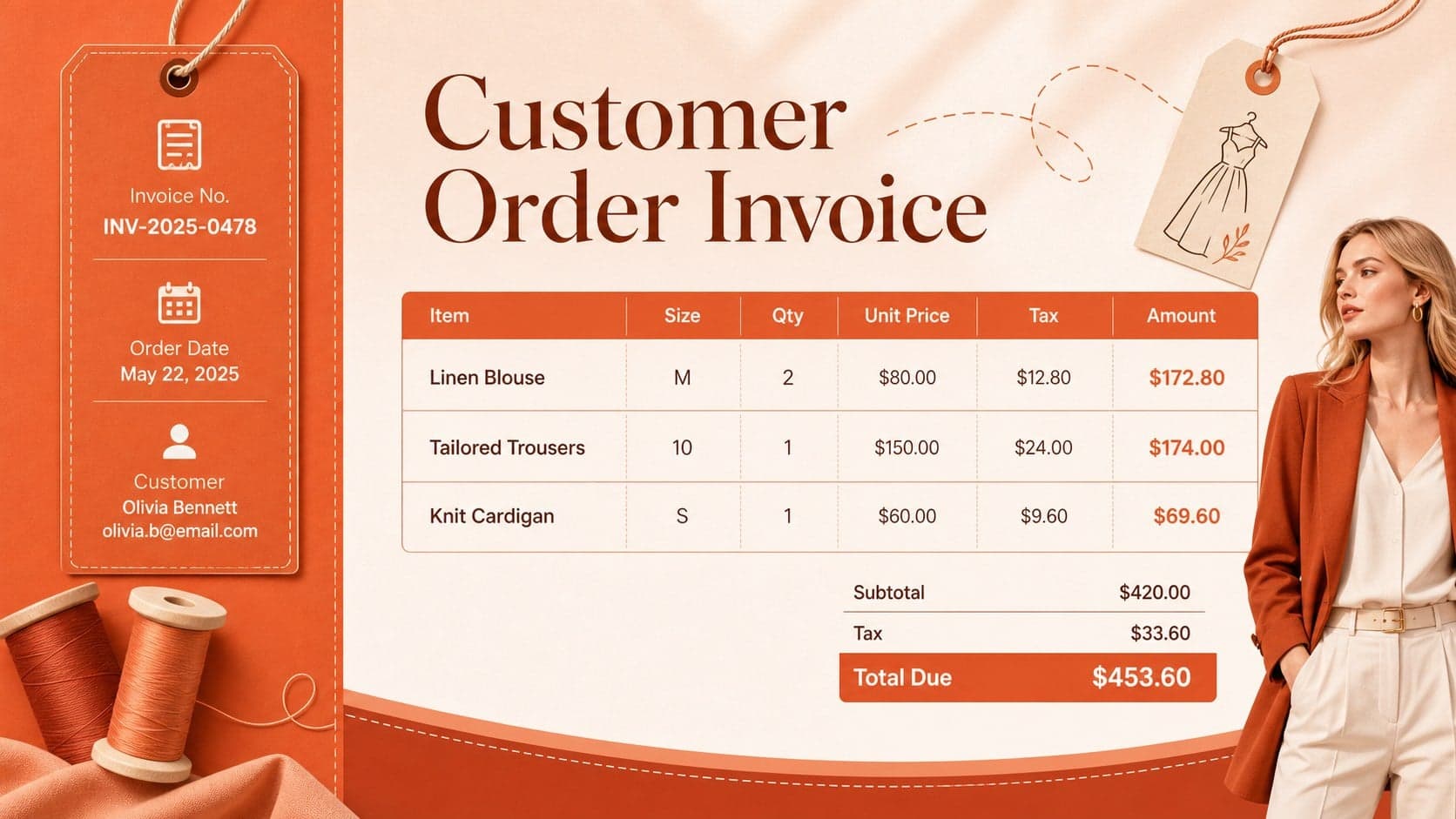 Editable fashion invoice presentation with customer details, itemized apparel purchases, taxes, and a total due.
