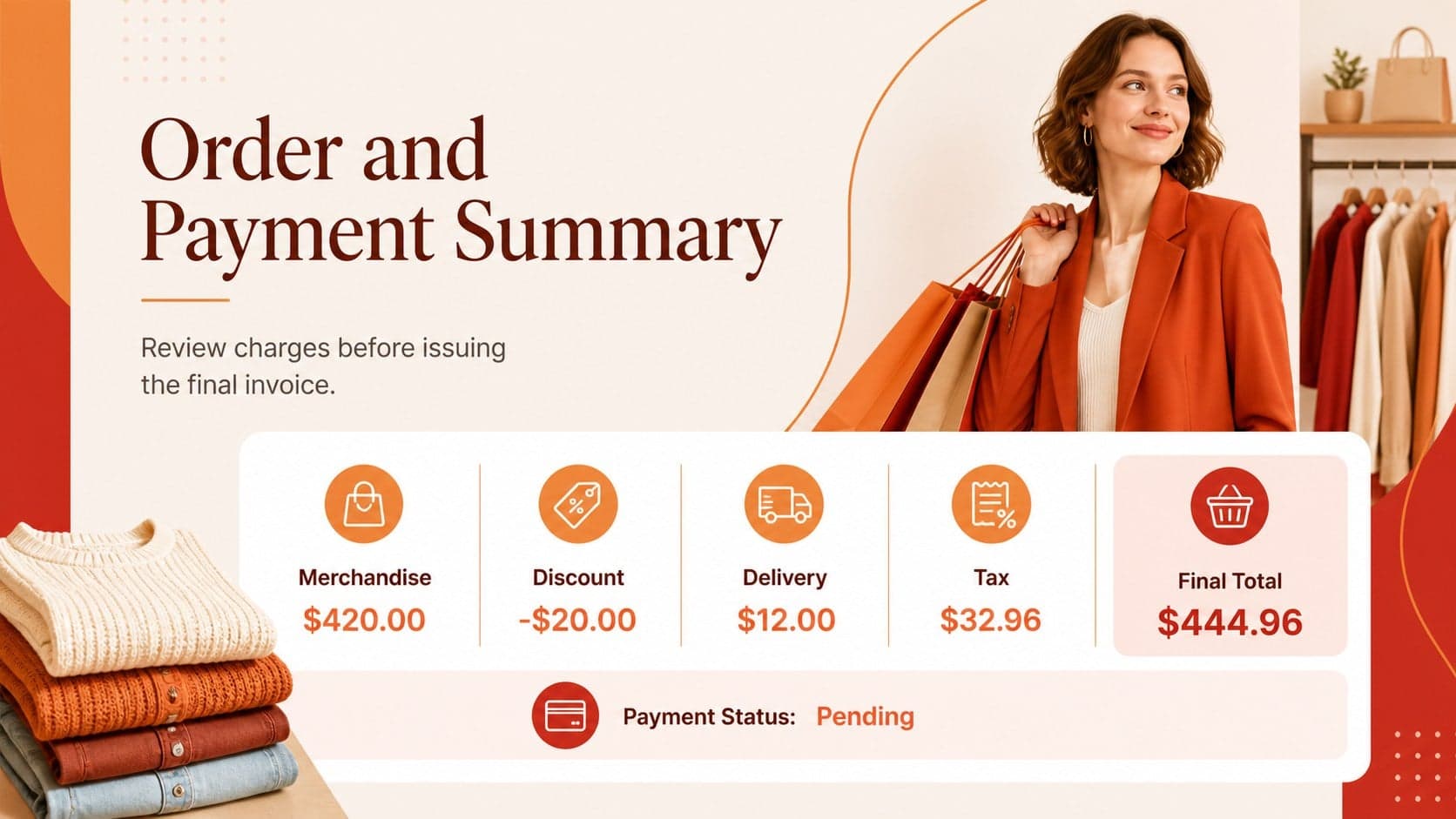 Boutique order billing template showing a visual purchase summary, discount, delivery fee, and payment status.