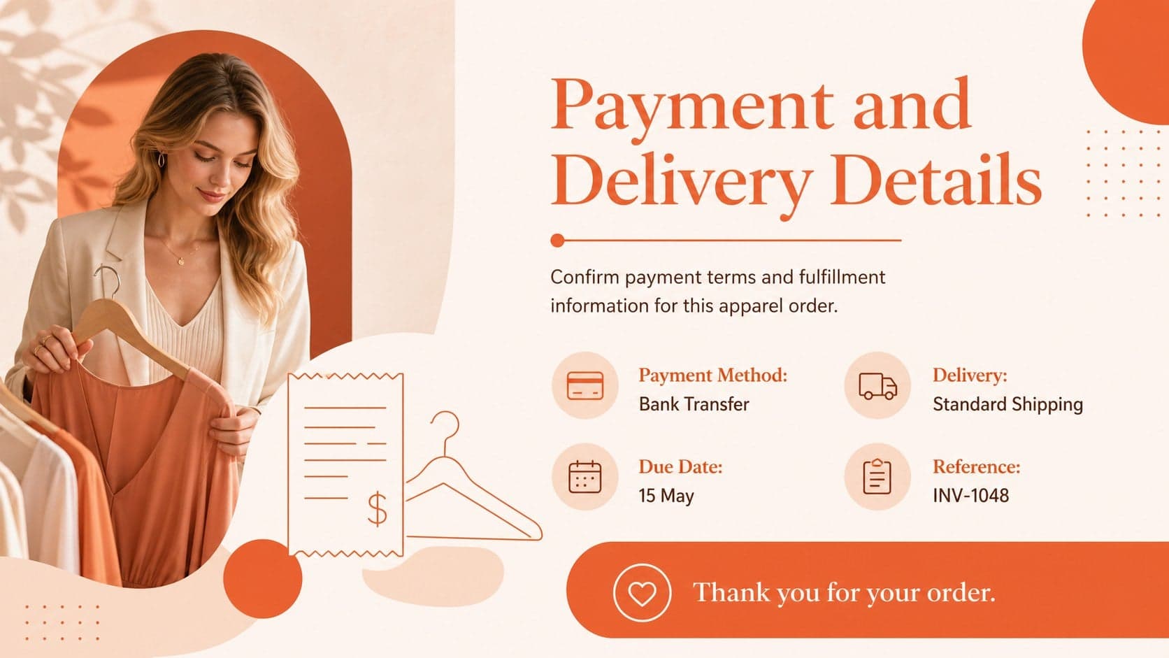 Fashion retail payment record slide with billing terms, payment methods, and customer follow-up details.