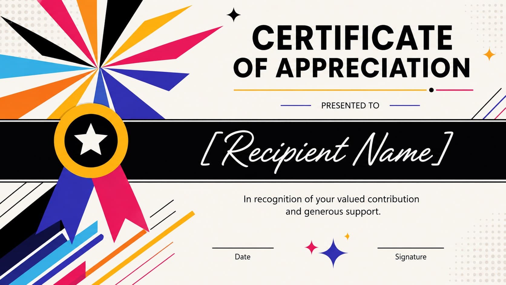Editable appreciation certificate slide honoring a recipient for a valued contribution.