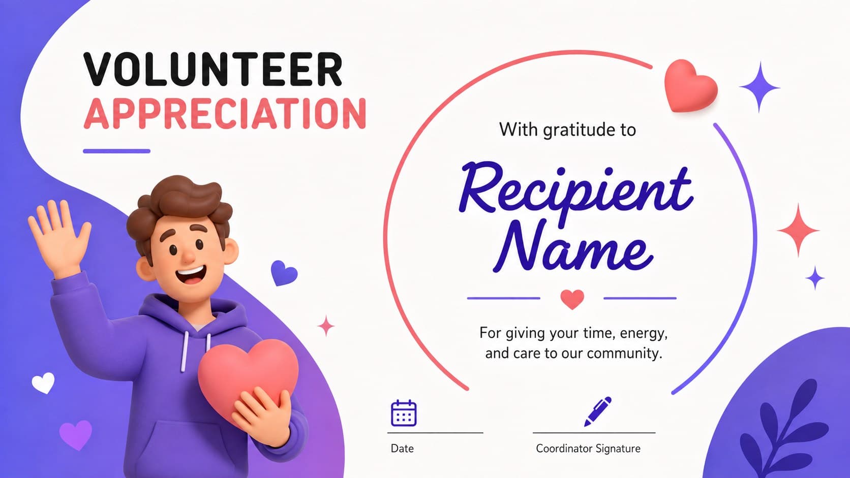 Volunteer recognition certificate presentation slide decorated with lively hands and heart motifs.