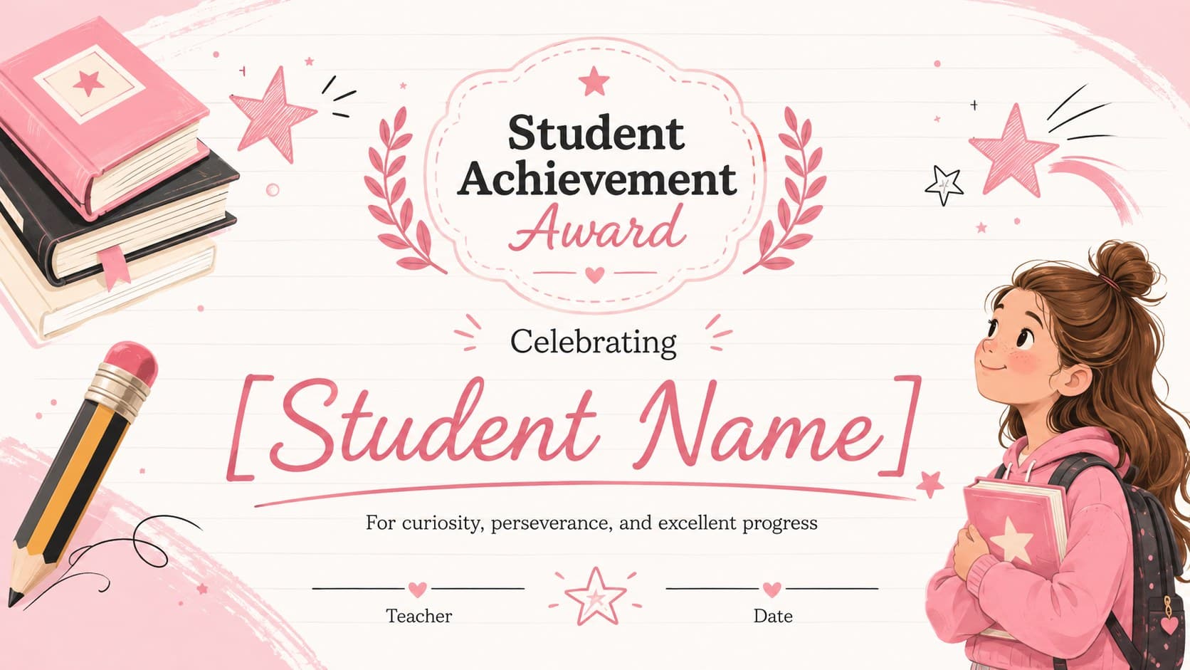 Student achievement certificate deck layout with colorful academic symbols and space for a learner's name.